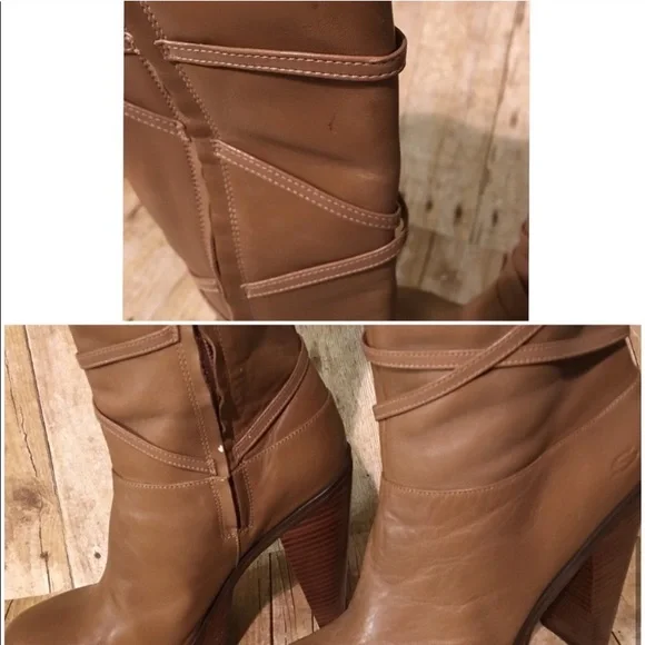 Tan Leather OTK Platform Stacked Strappy Boots - Picture 4 of 5